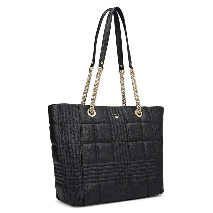 Medium Wax Stripe Leather Tote - Black
