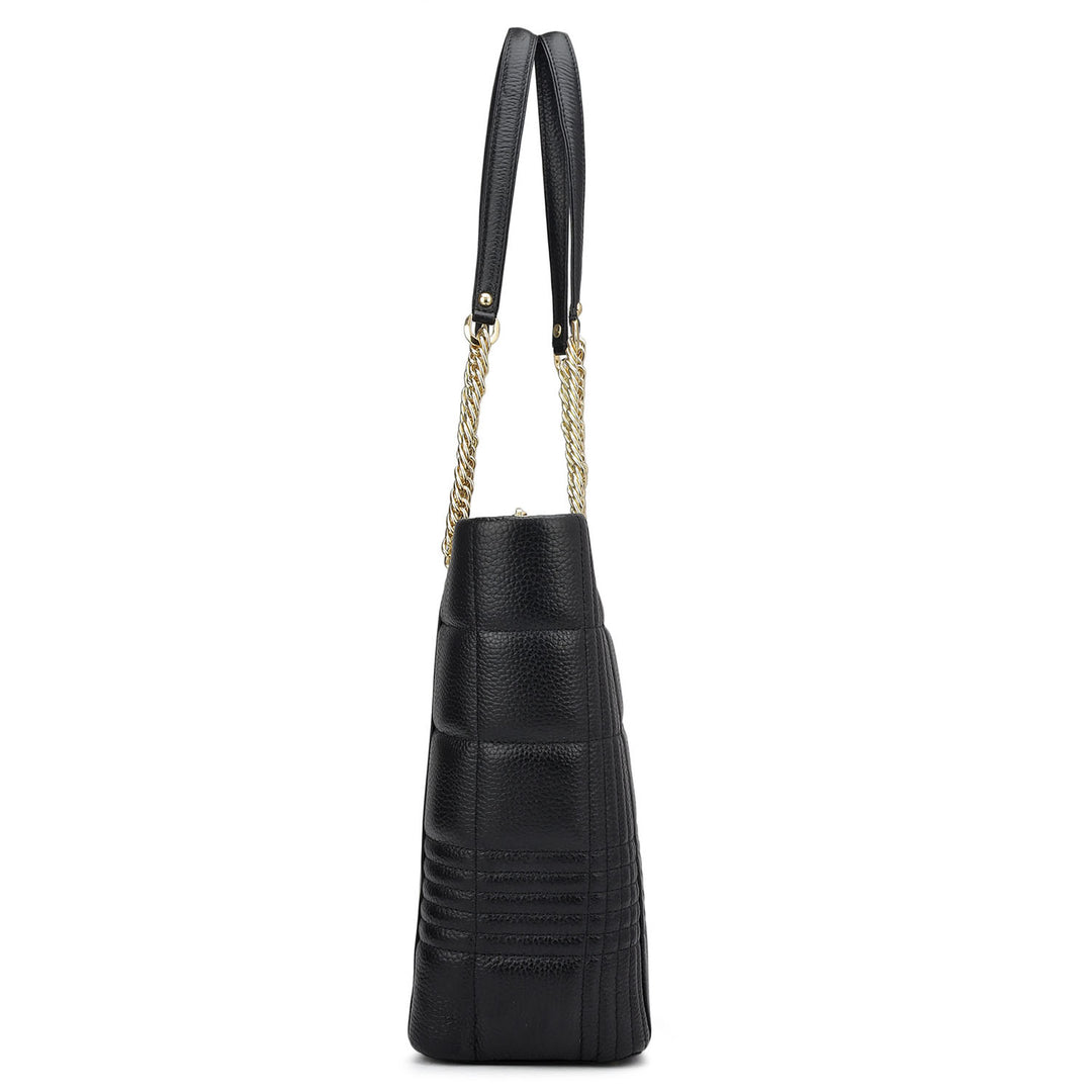 Medium Wax Stripe Leather Tote - Black