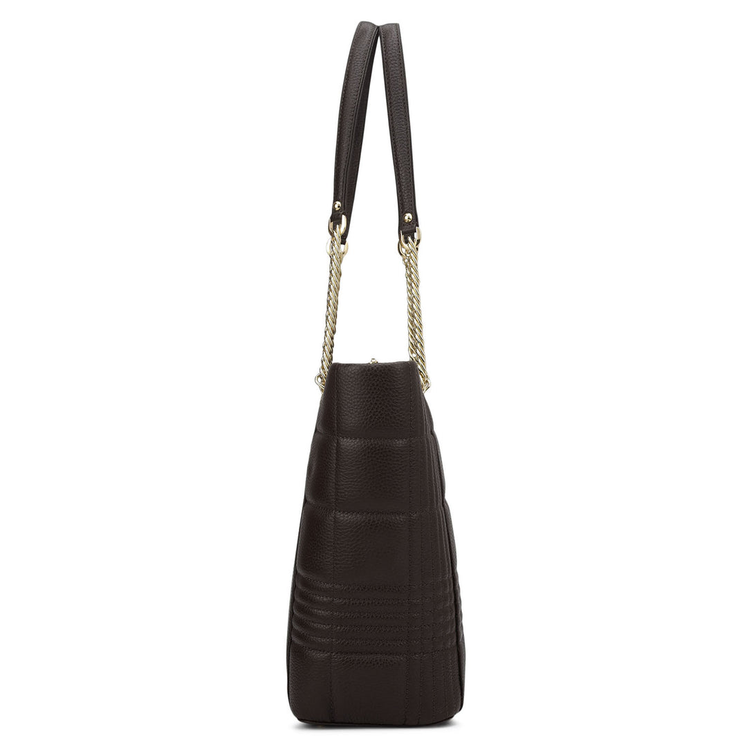 Medium Wax Stripe Leather Tote - Chocolate