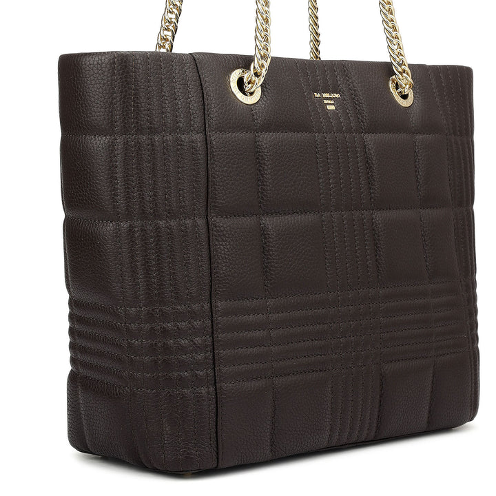 Medium Wax Stripe Leather Tote - Dark Brown