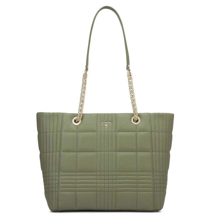 Medium Wax Stripe Leather Tote - Matcha Green