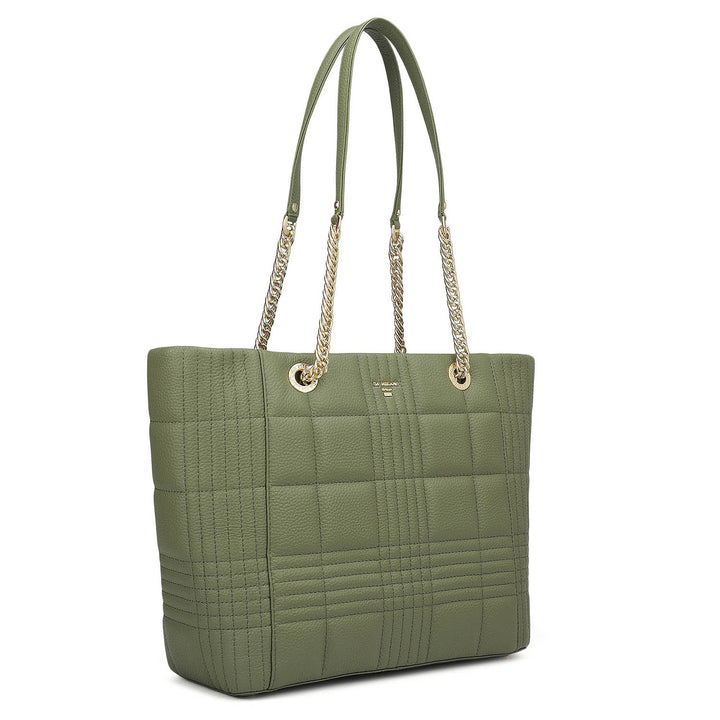 Medium Wax Stripe Leather Tote - Matcha Green
