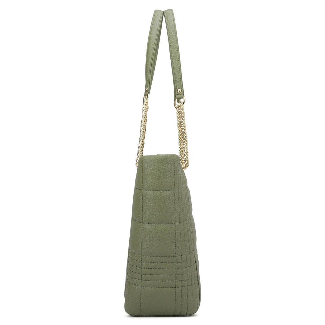 Medium Wax Stripe Leather Tote - Matcha Green