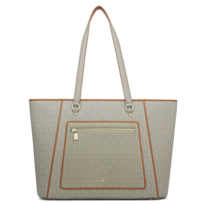 Large Monogram Leather Tote - Stone Grey