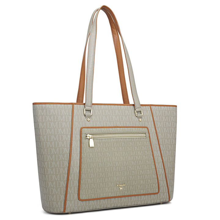 Large Monogram Leather Tote - Stone Grey