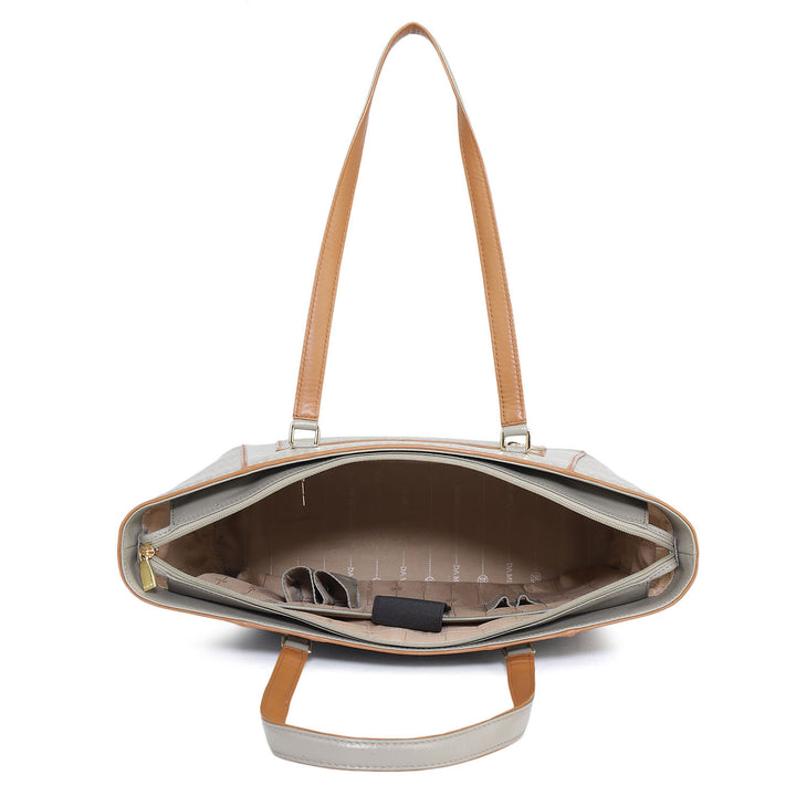 Large Monogram Leather Tote - Stone Grey