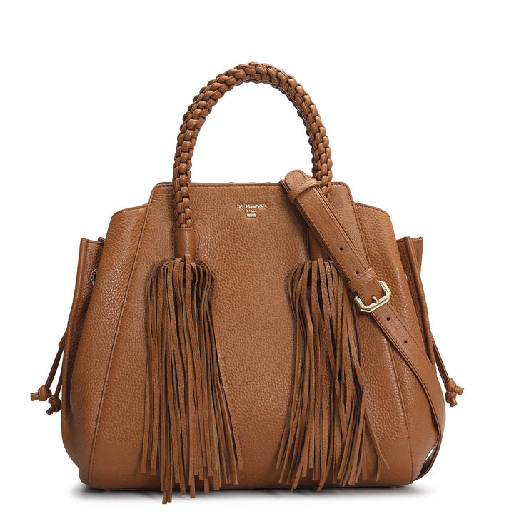 Medium Wax Leather Satchel - Caramel