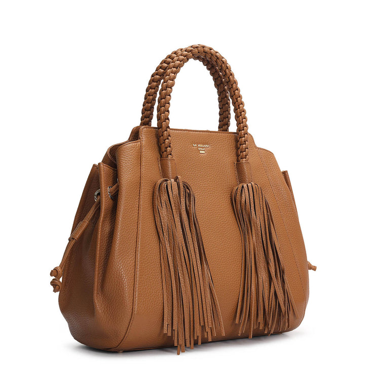 Medium Wax Leather Satchel - Caramel