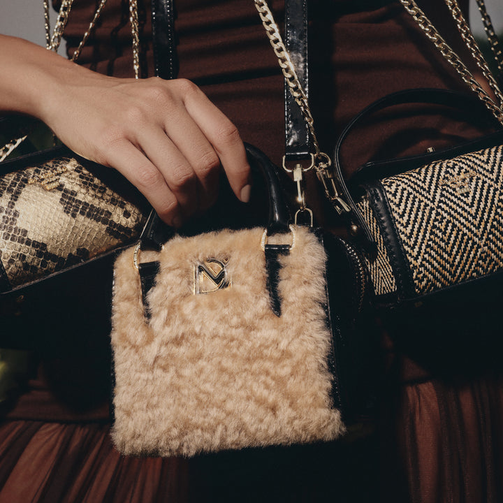 Micro Fur Patent Leather Satchel - Beige