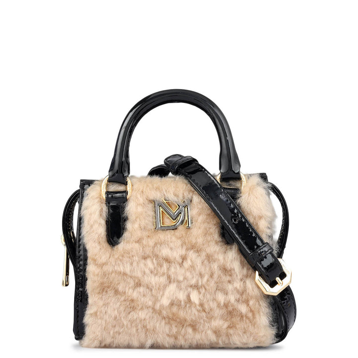 Micro Fur Patent Leather Satchel - Beige