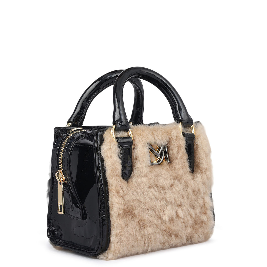 Micro Fur Patent Leather Satchel - Beige