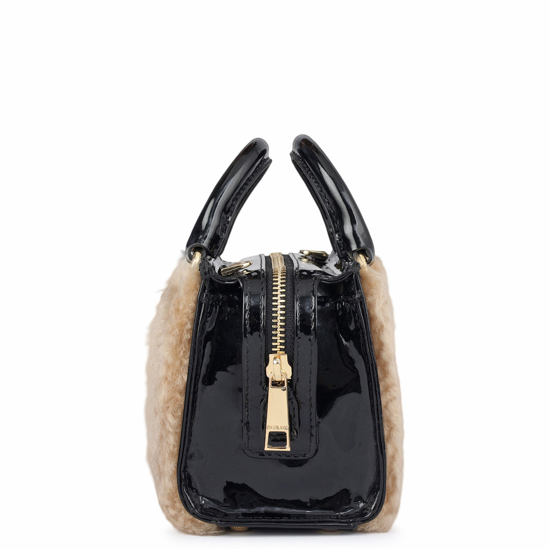 Micro Fur Patent Leather Satchel - Beige