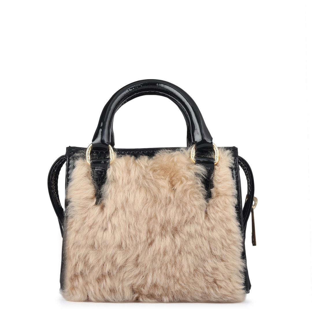 Micro Fur Patent Leather Satchel - Beige