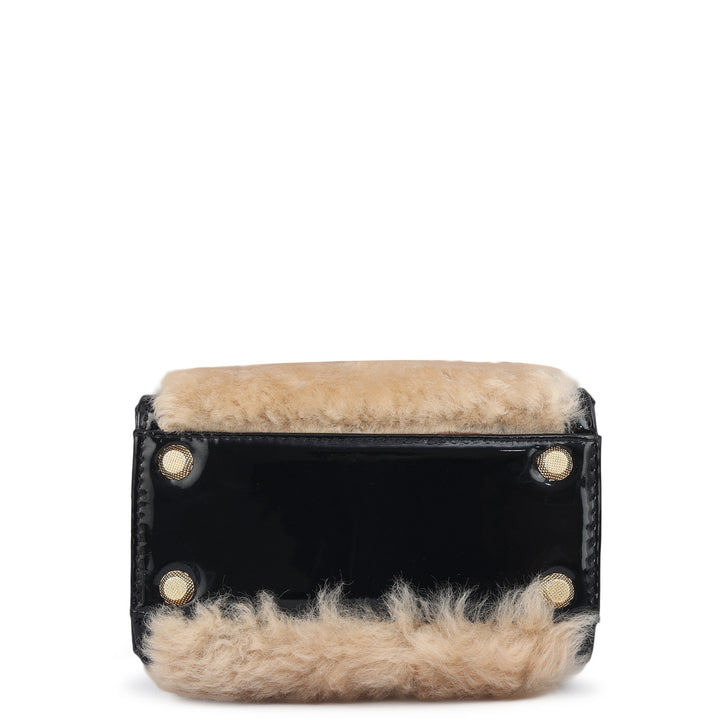 Micro Fur Patent Leather Satchel - Beige