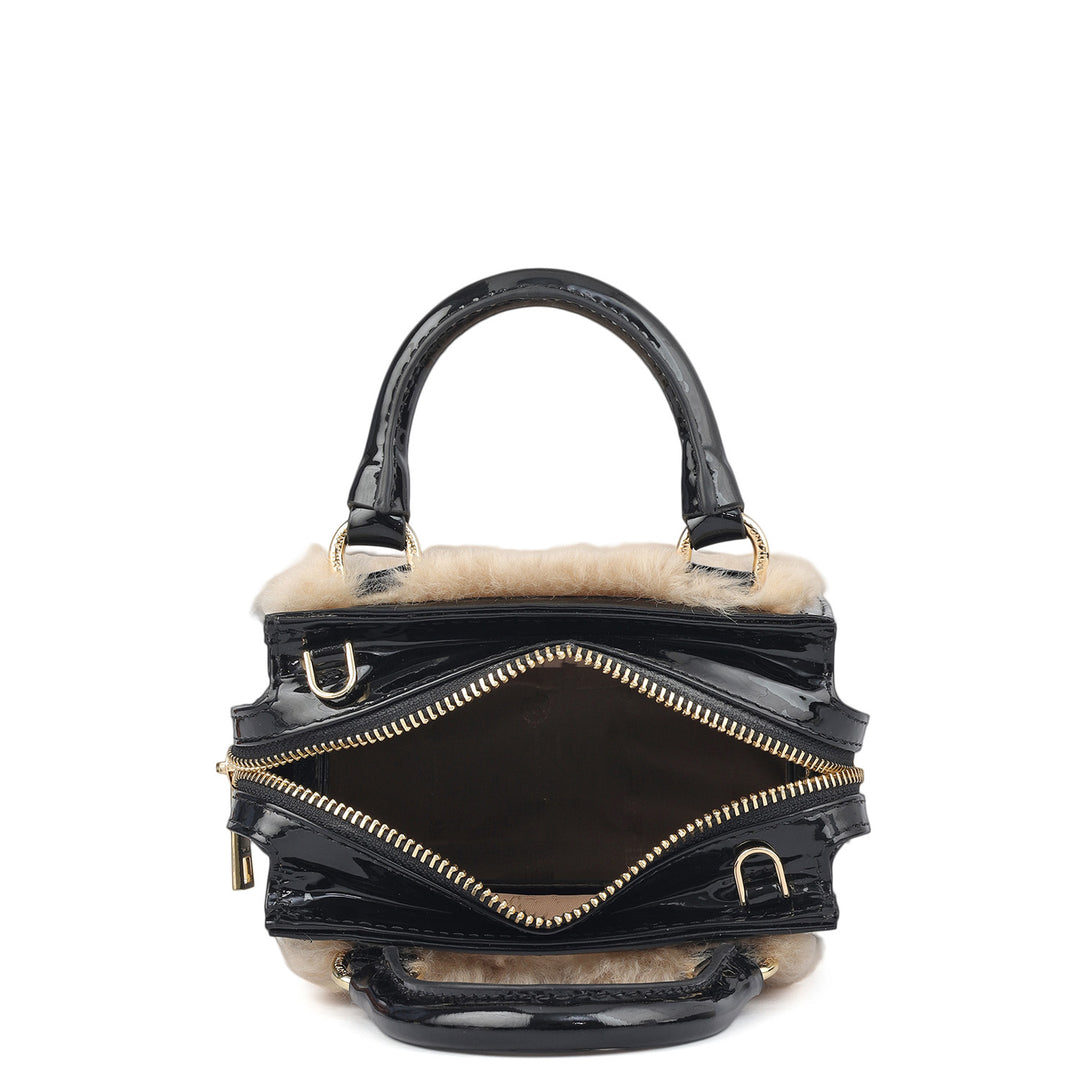 Micro Fur Patent Leather Satchel - Beige