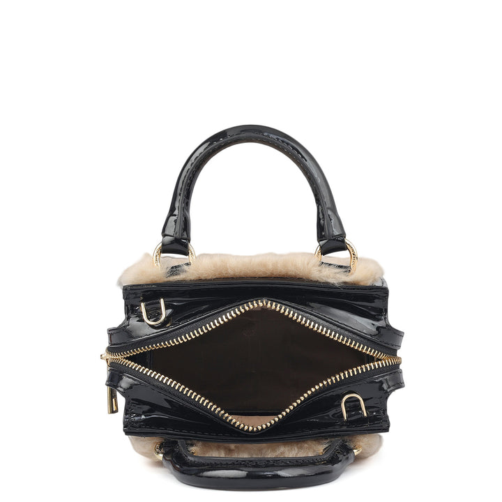 Micro Fur Patent Leather Satchel - Beige
