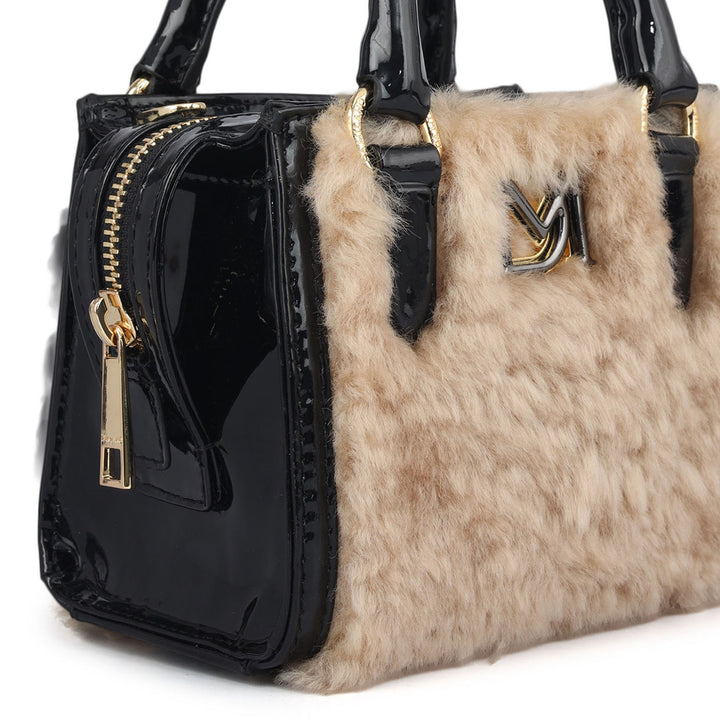 Micro Fur Patent Leather Satchel - Beige