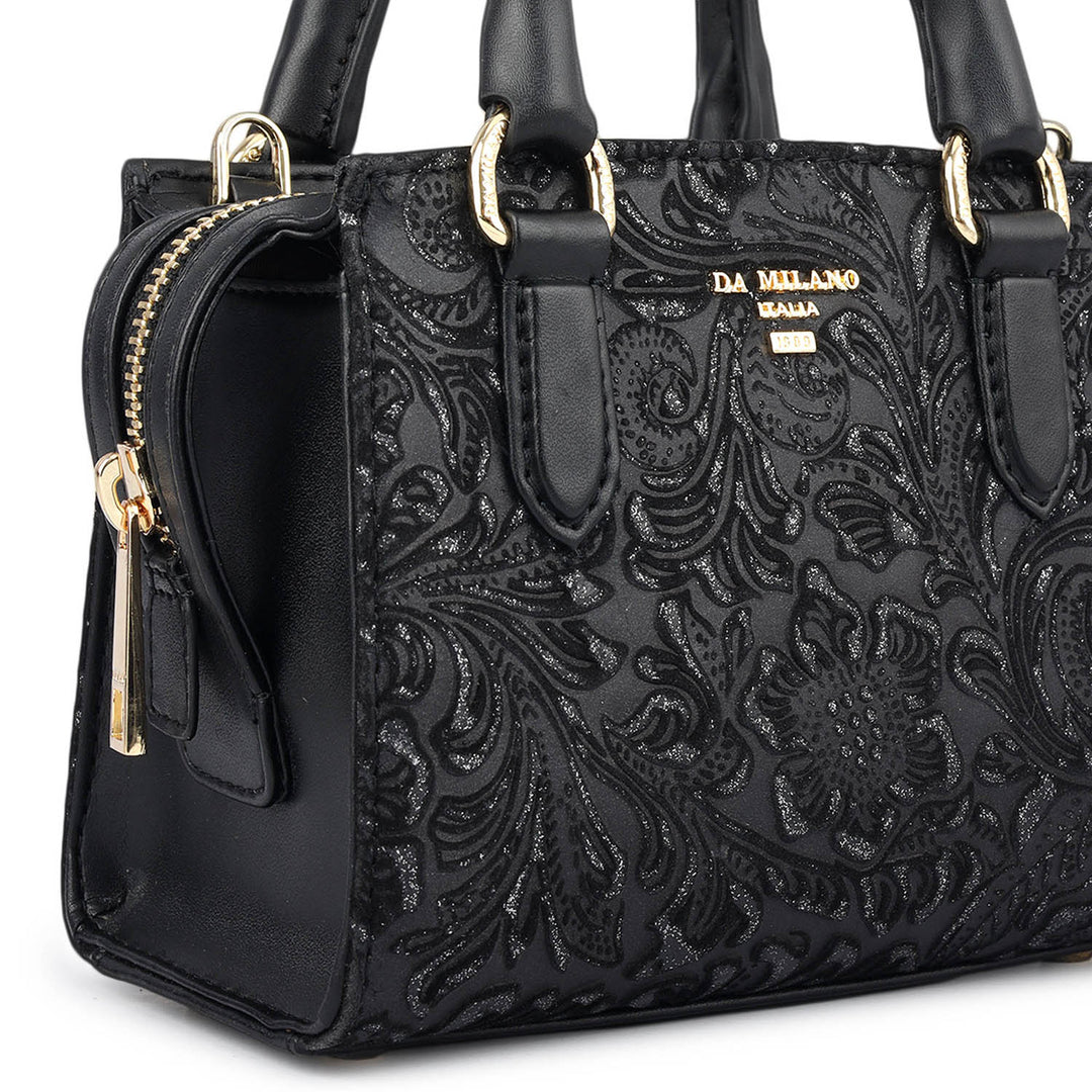Micro Floral Textured Satchel - Black
