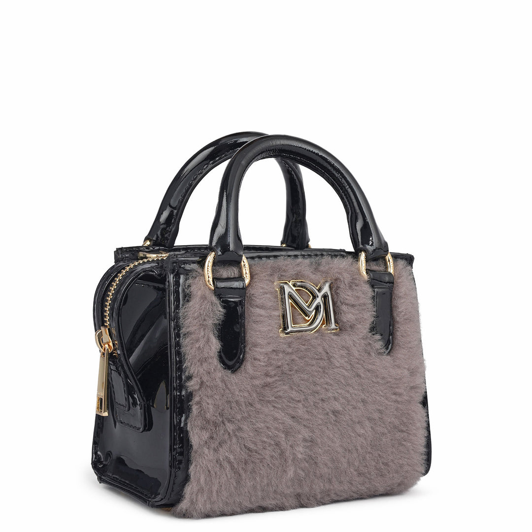 Micro Fur Patent Leather Satchel - Grey