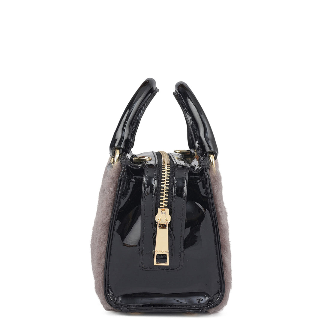 Micro Fur Patent Leather Satchel - Grey