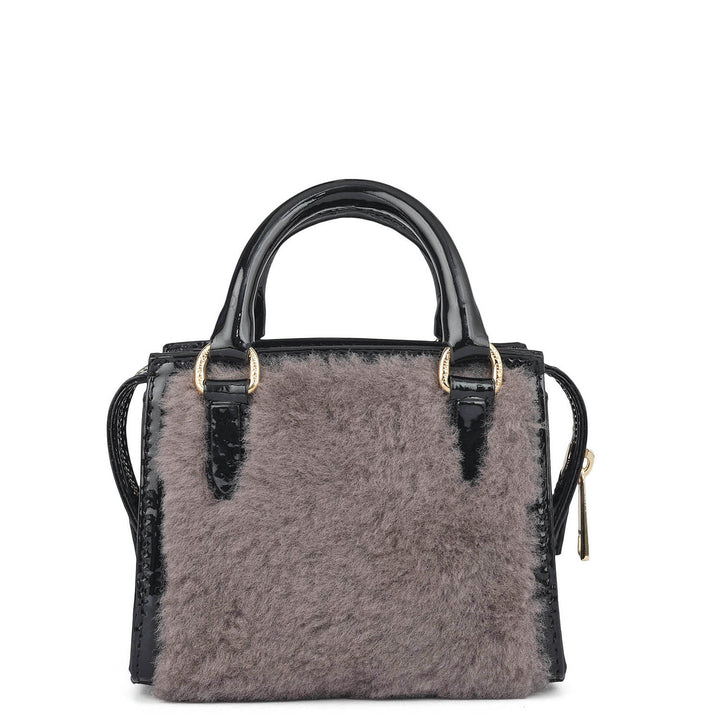 Micro Fur Patent Leather Satchel - Grey