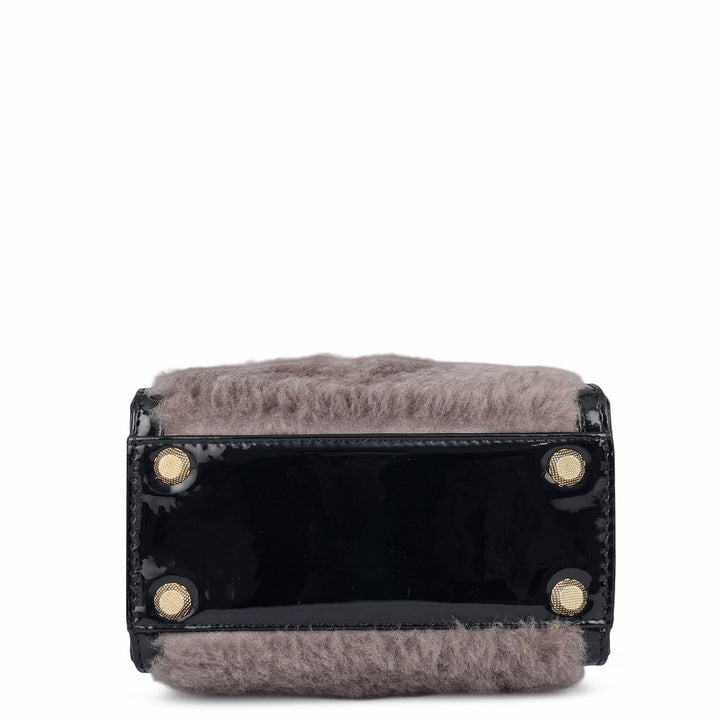 Micro Fur Patent Leather Satchel - Grey