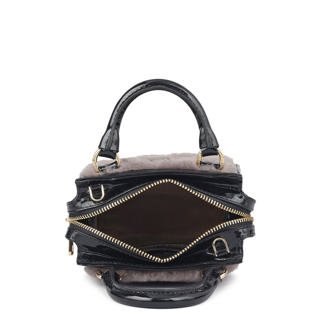 Micro Fur Patent Leather Satchel - Grey