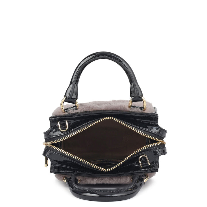 Micro Fur Patent Leather Satchel - Grey