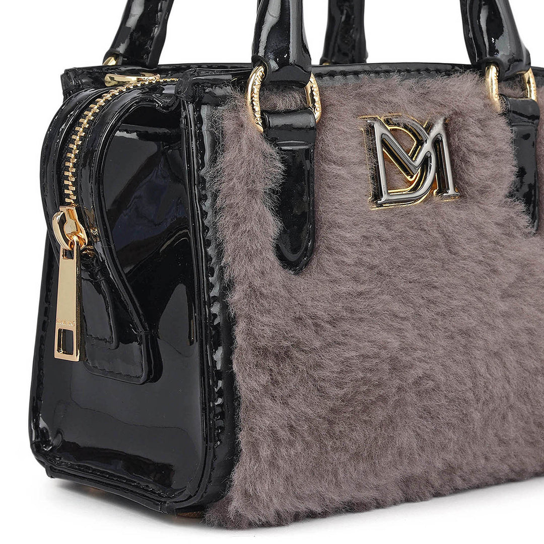 Micro Fur Patent Leather Satchel - Grey