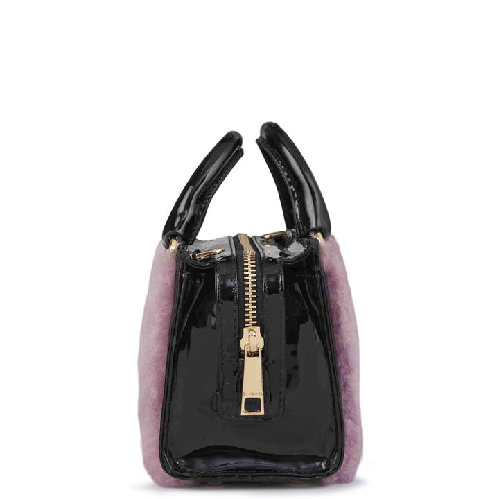Micro Fur Patent Leather Satchel - Purple