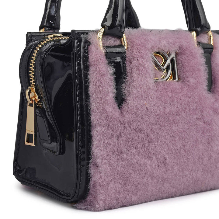 Micro Fur Patent Leather Satchel - Purple