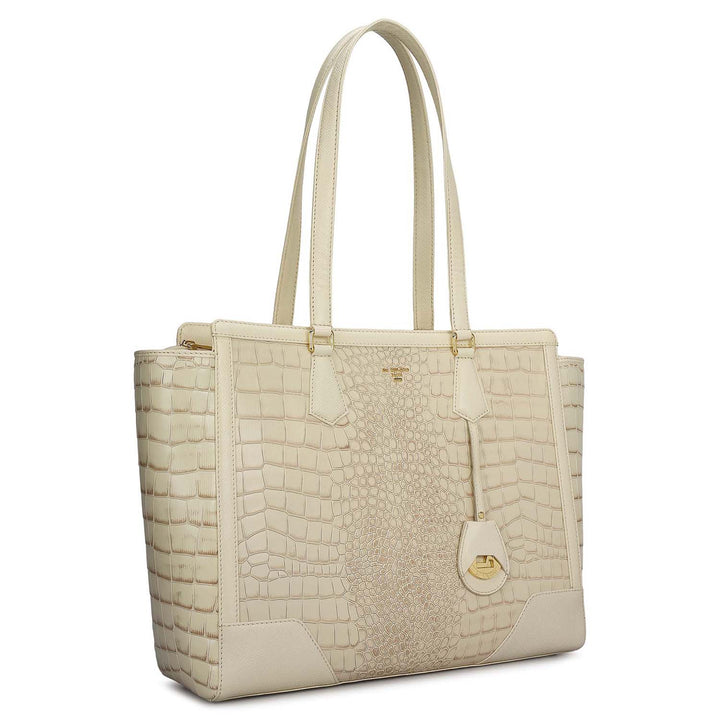 Large Croco Franzy Leather Tote - Marshmallow