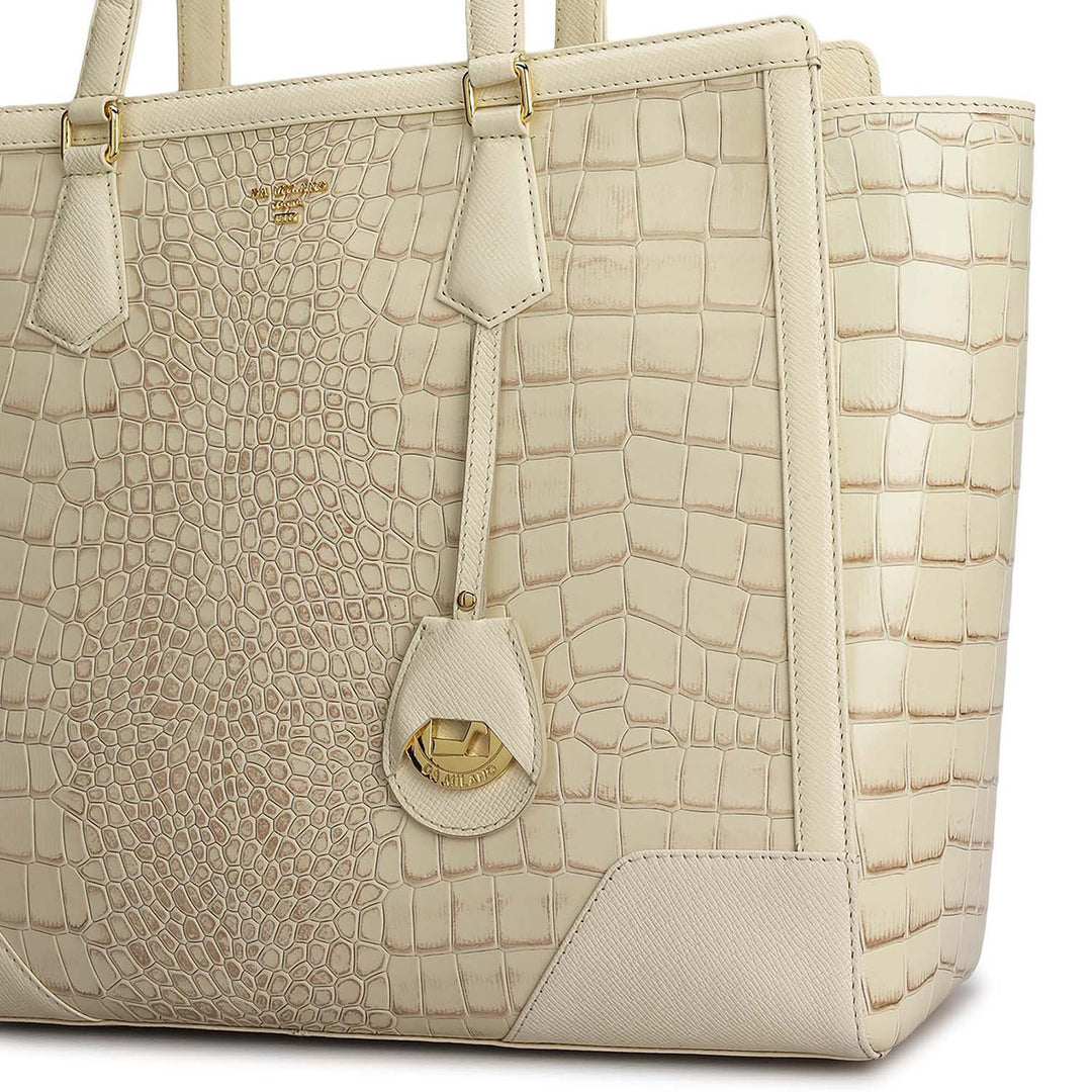 Large Croco Franzy Leather Tote - Marshmallow