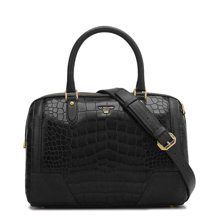 Medium Croco Franzy Leather Satchel - Black