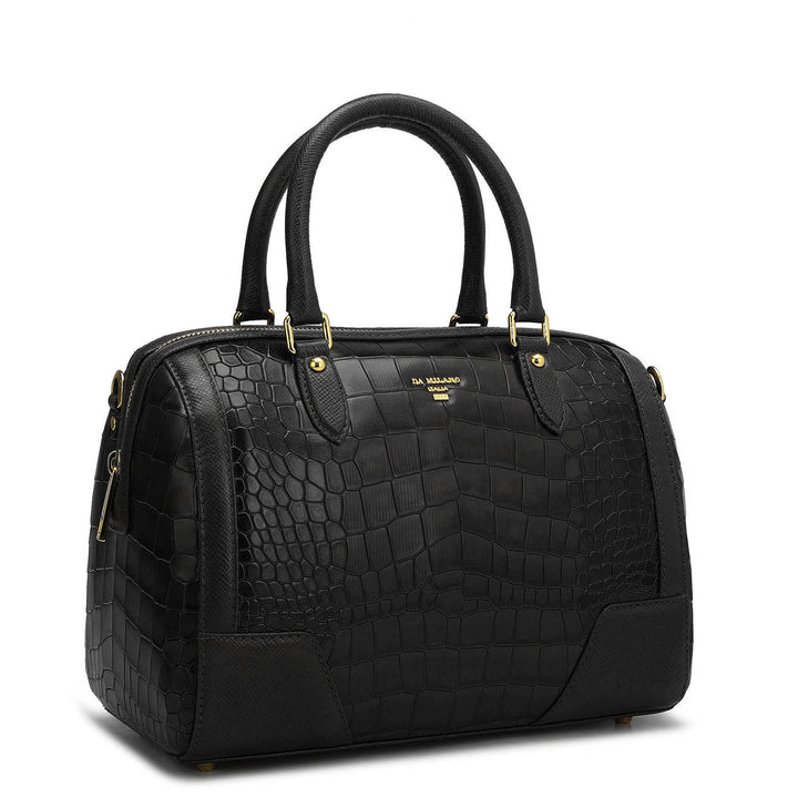 Medium Croco Franzy Leather Satchel - Black