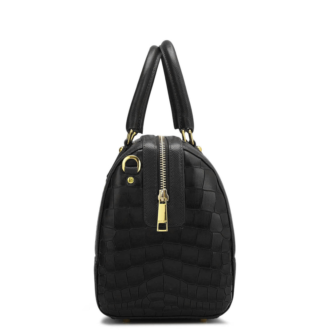 Medium Croco Franzy Leather Satchel - Black