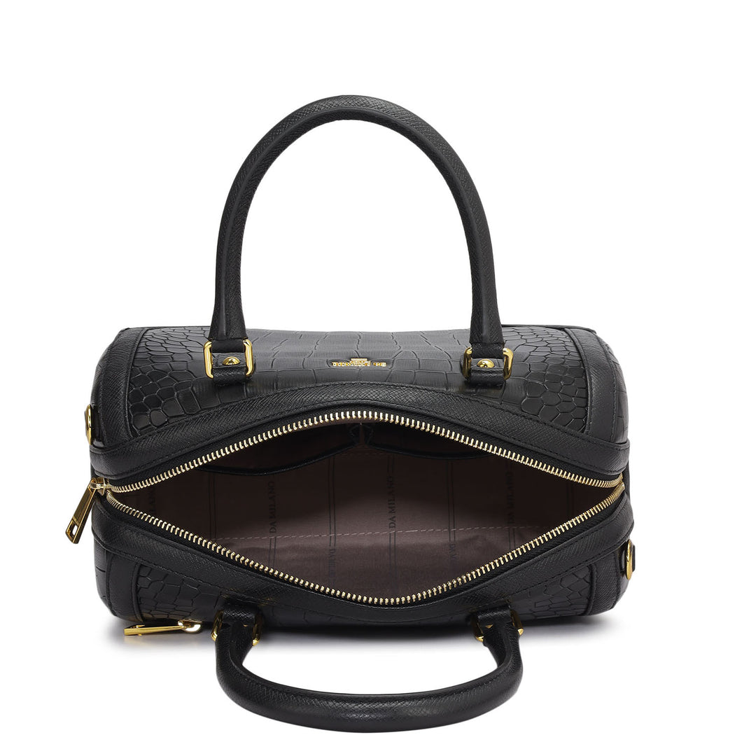 Medium Croco Franzy Leather Satchel - Black