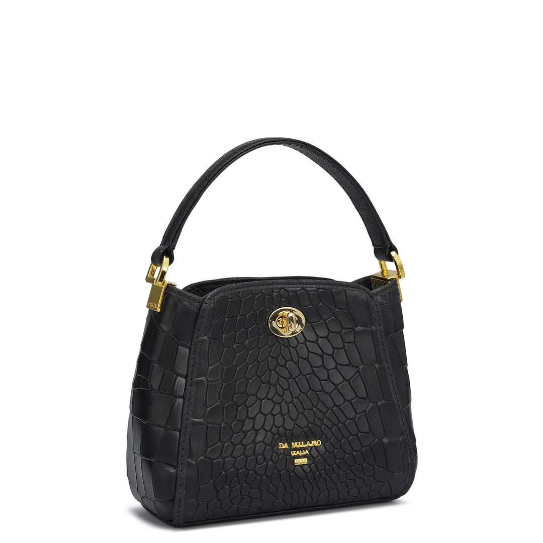 Small Croco Leather Satchel - Black