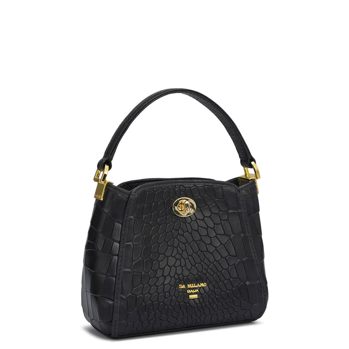 Small Croco Leather Satchel - Black