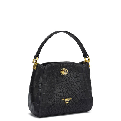 Small Croco Leather Satchel - Black