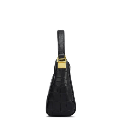 Small Croco Leather Satchel - Black