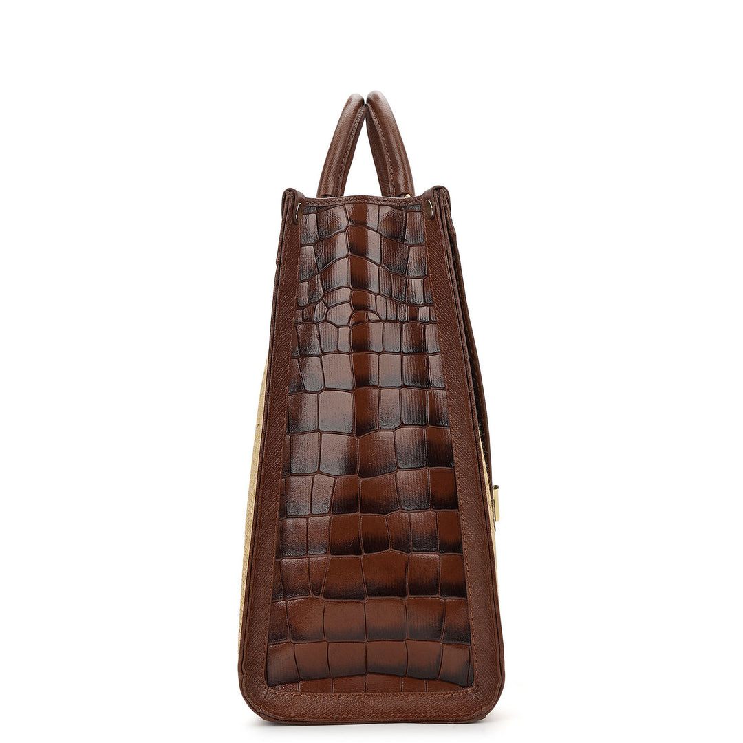Canvas Book Tote - Beige & Brown