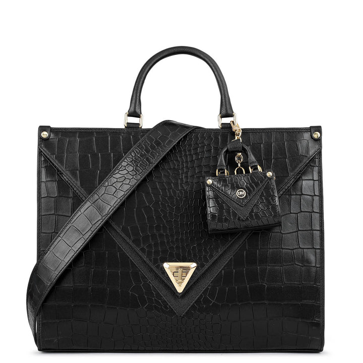 Medium Croco Franzy Leather Book Tote - Black