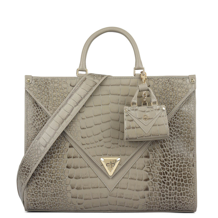 Medium Croco Franzy Leather Book Tote - Stone Grey
