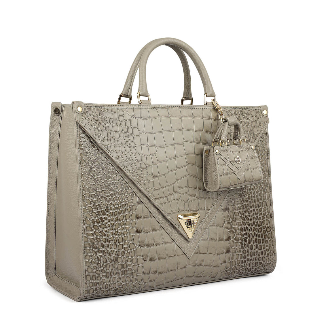 Medium Croco Franzy Leather Book Tote - Stone Grey