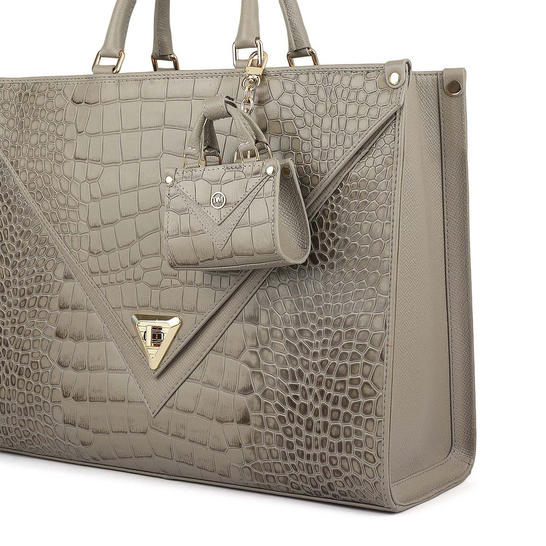 Medium Croco Franzy Leather Book Tote - Stone Grey