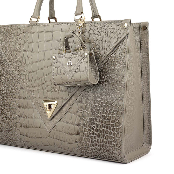 Medium Croco Franzy Leather Book Tote - Stone Grey
