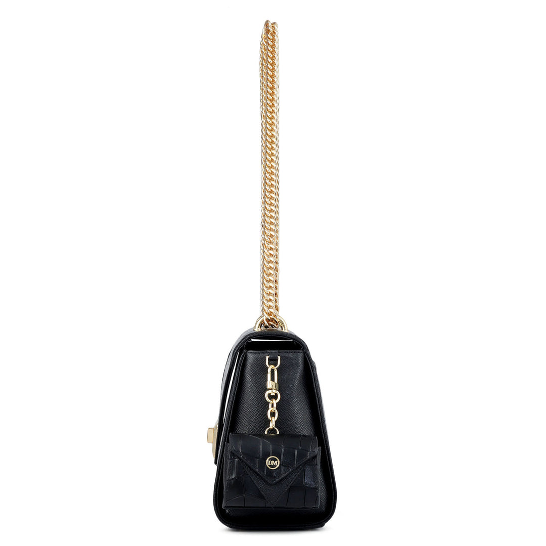 Allure Croco Franzy Leather Shoulder Bag - Black