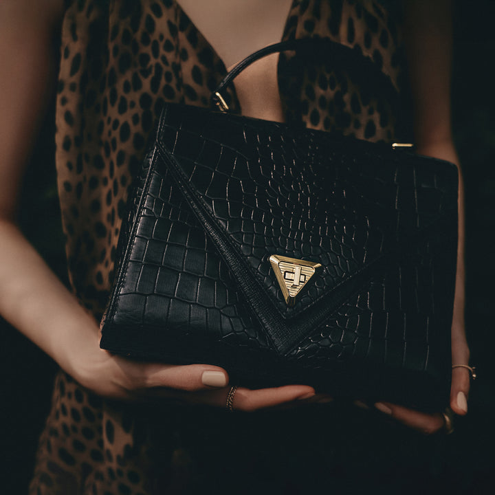 Allure Croco Franzy Leather Satchel - Black