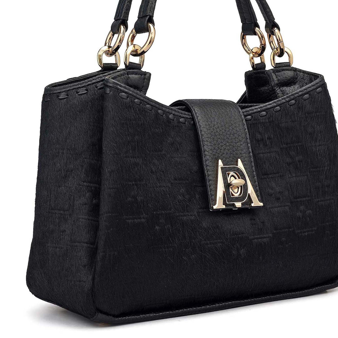 Small Fur Wax Leather Satchel - Black